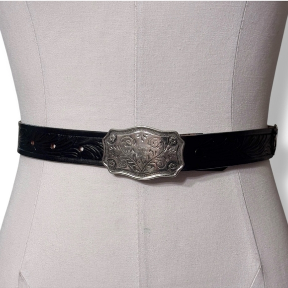 JUSTIN Black Tooled Top Grain Leather Belt Silver Tone Buckle & Accents - Picture 2 of 10